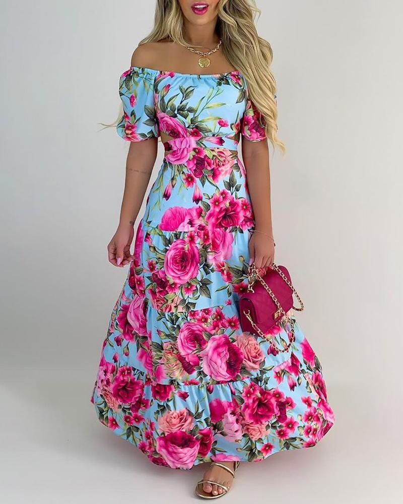 

Off Shoulder Puff Sleeve Floral Print Maxi Dress, Light blue