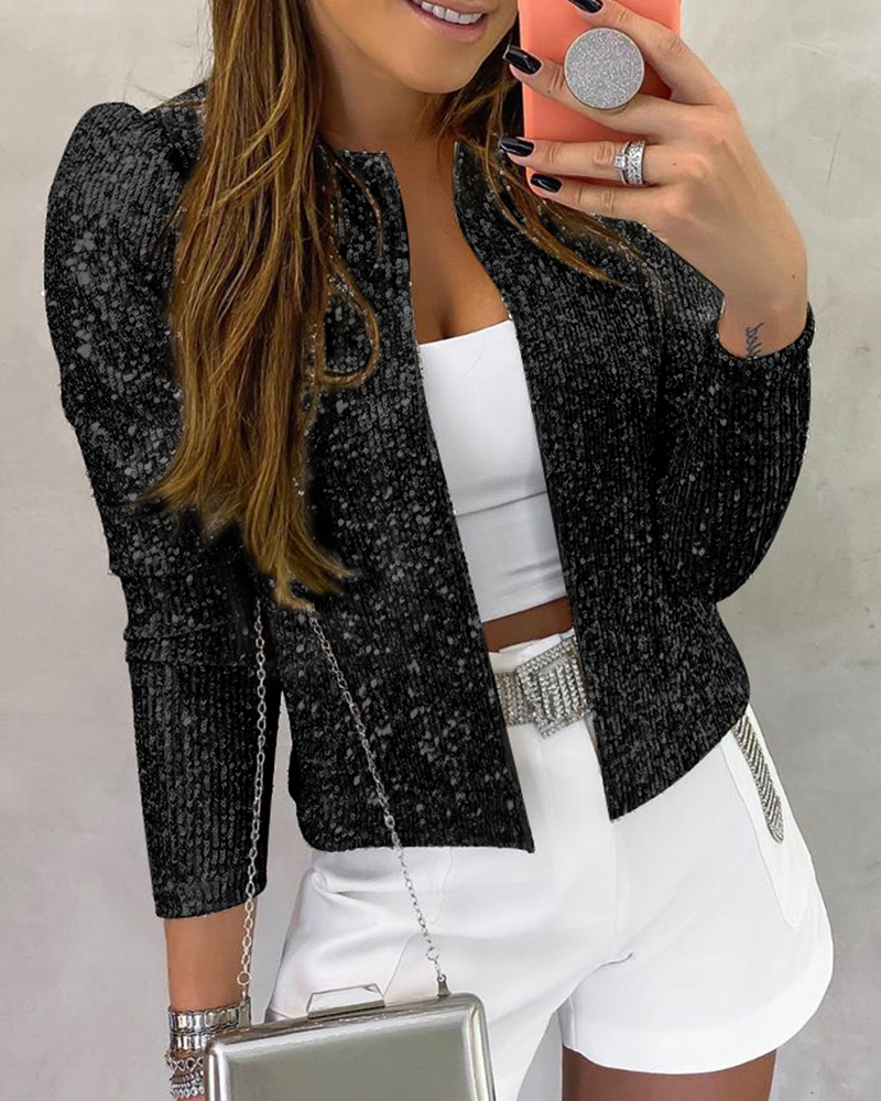 

Sparkly Sequin Open Front Puff Sleeve Blazer Coat, Black