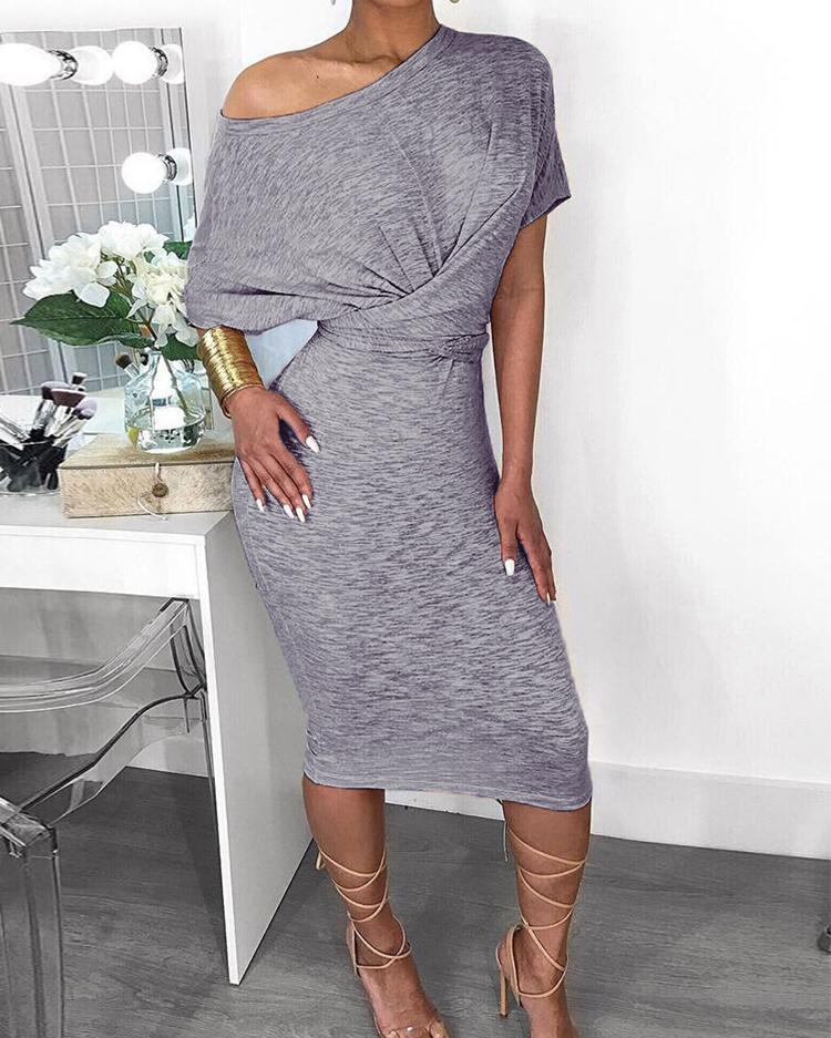 

Short Sleeve Ruched Design Bodycon Dress, Light gray