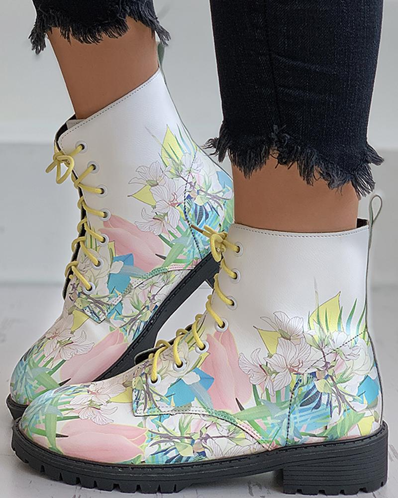 

Christmas Print Eyelet Lace-up Combat Boots, Pink