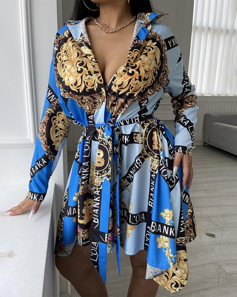 

Baroque Letter Print Button Front Long Sleeve Shirt Dress, Blue