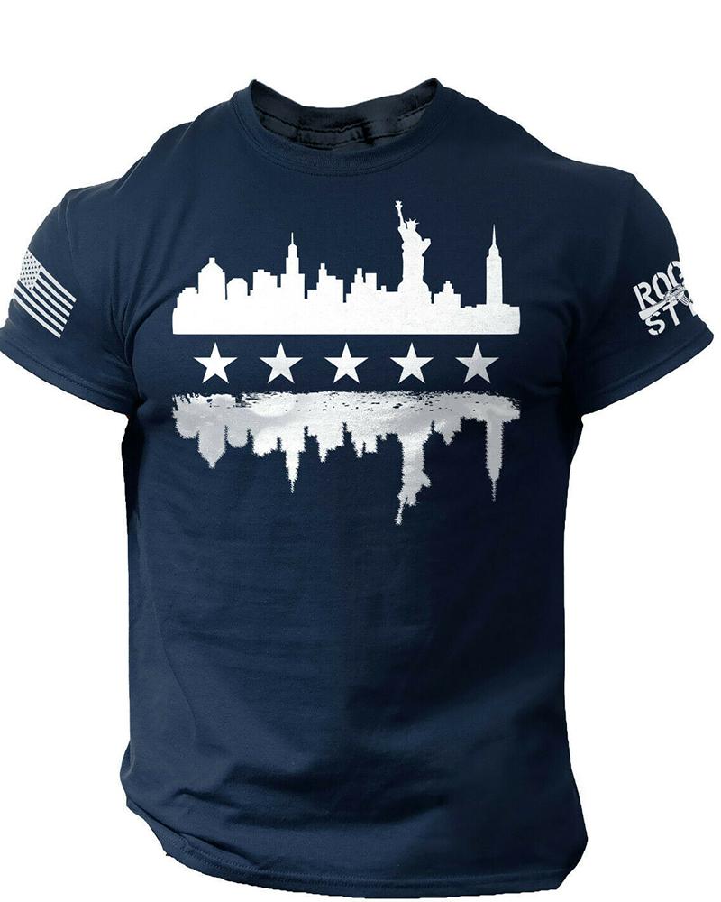 

National Flag & Five Star Print Short Sleeve T-shirt, Blue