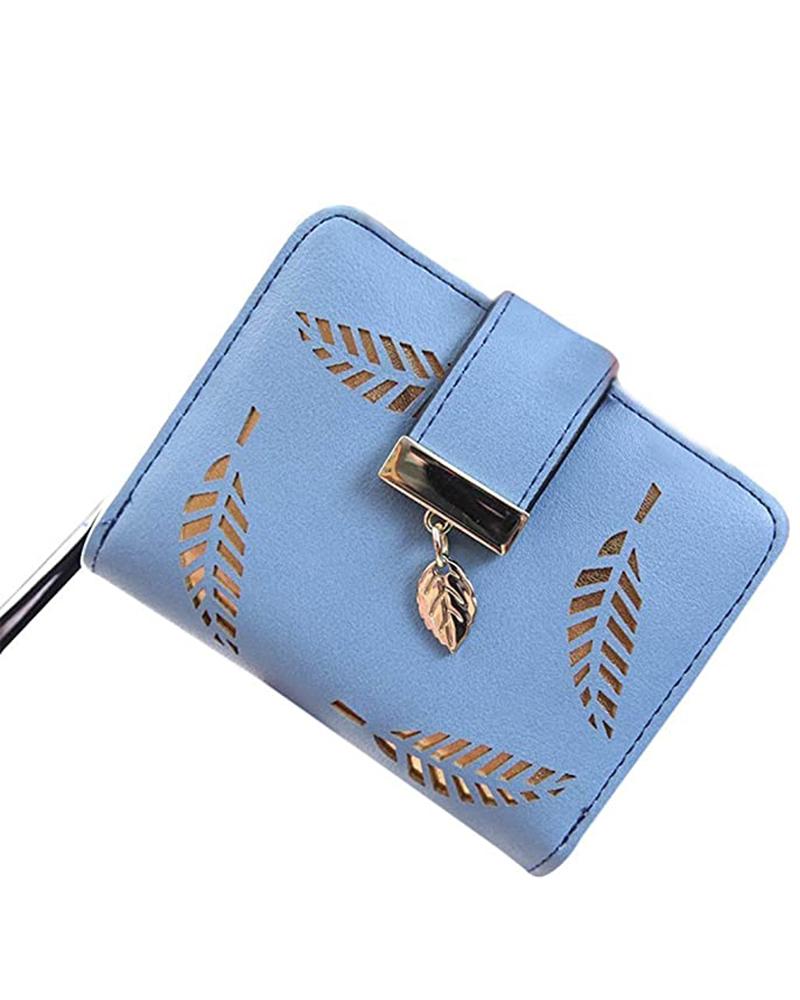 

Women's Purse Hollow Out Leaf Pattern Card Holder Leather Wallet, Blue