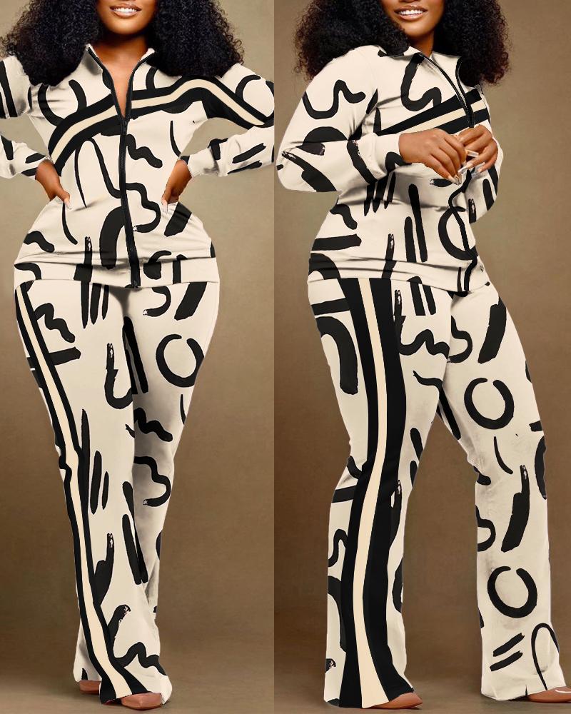 

Plus Size Abstract Print Zip Up Top & Pants Set, Apricot