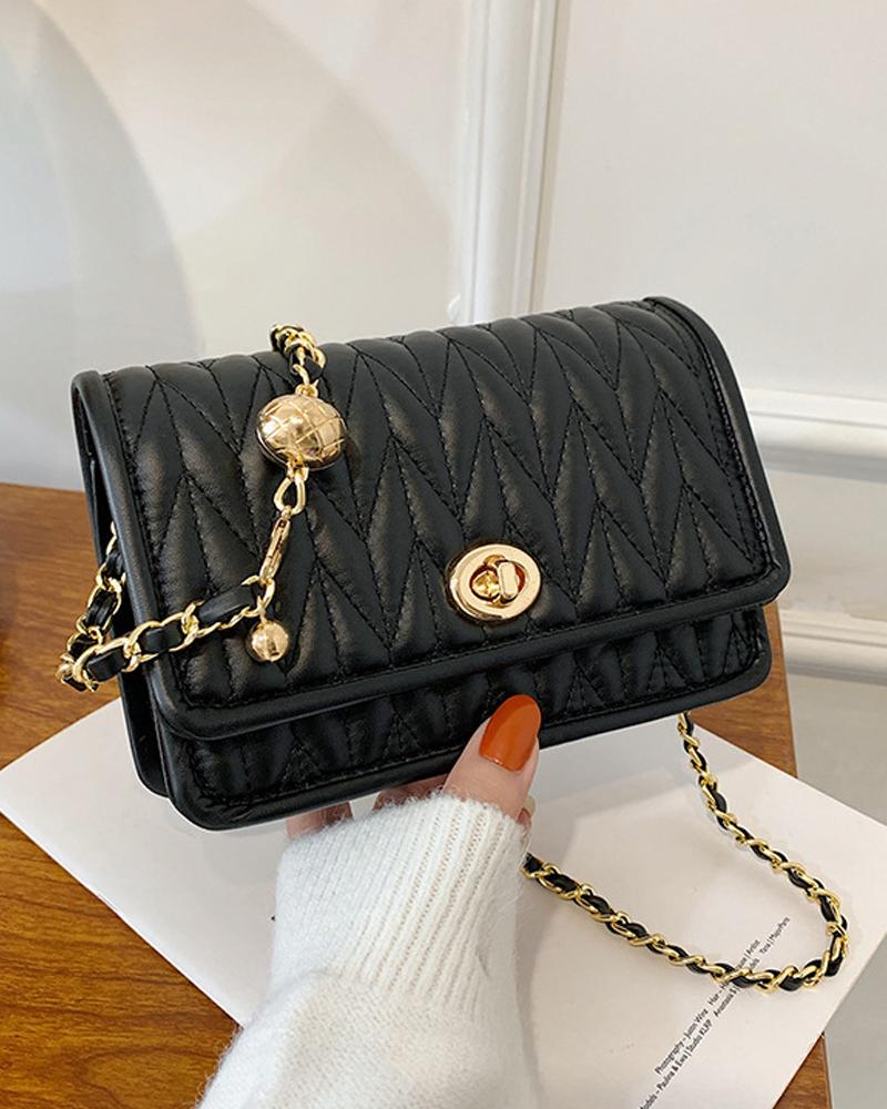 

Quilted Twist Lock Chain Strap Flap Shoulder Bag, Black