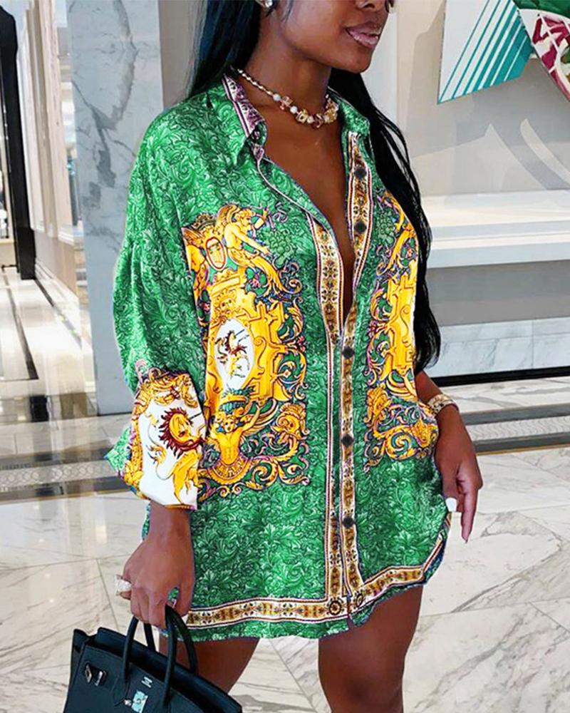 

Plus Size Baroque Print Long Sleeve Button Down Shirt Dress, Green