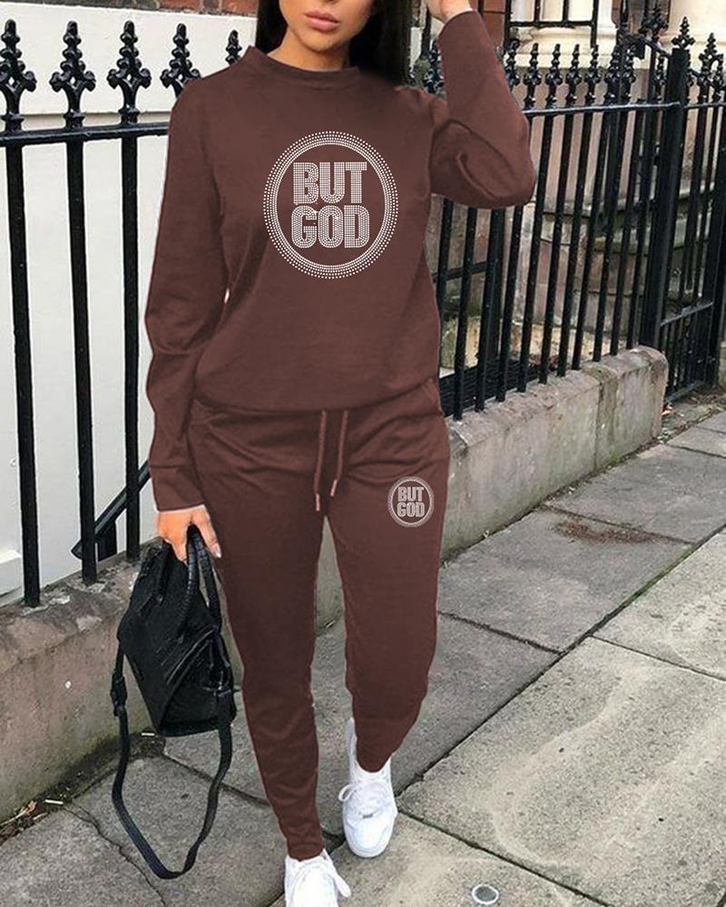 

Long Sleeve Rhinestone Letter Pattern Sweatshirt & Pants Set, Brown