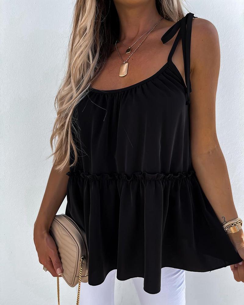 

Frill Hem Ruched Tied Detial Top, Black