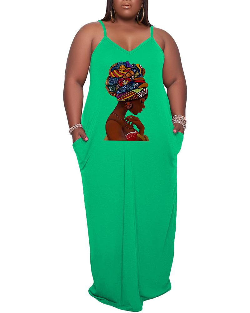 

Plus Size Figure Print Spaghetti Strap Maxi Dress, Green