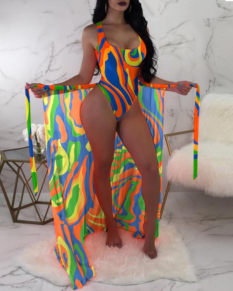 

Multi-Color Abstract U-Neck One Piece Swimsuit With Cover Up, Orange