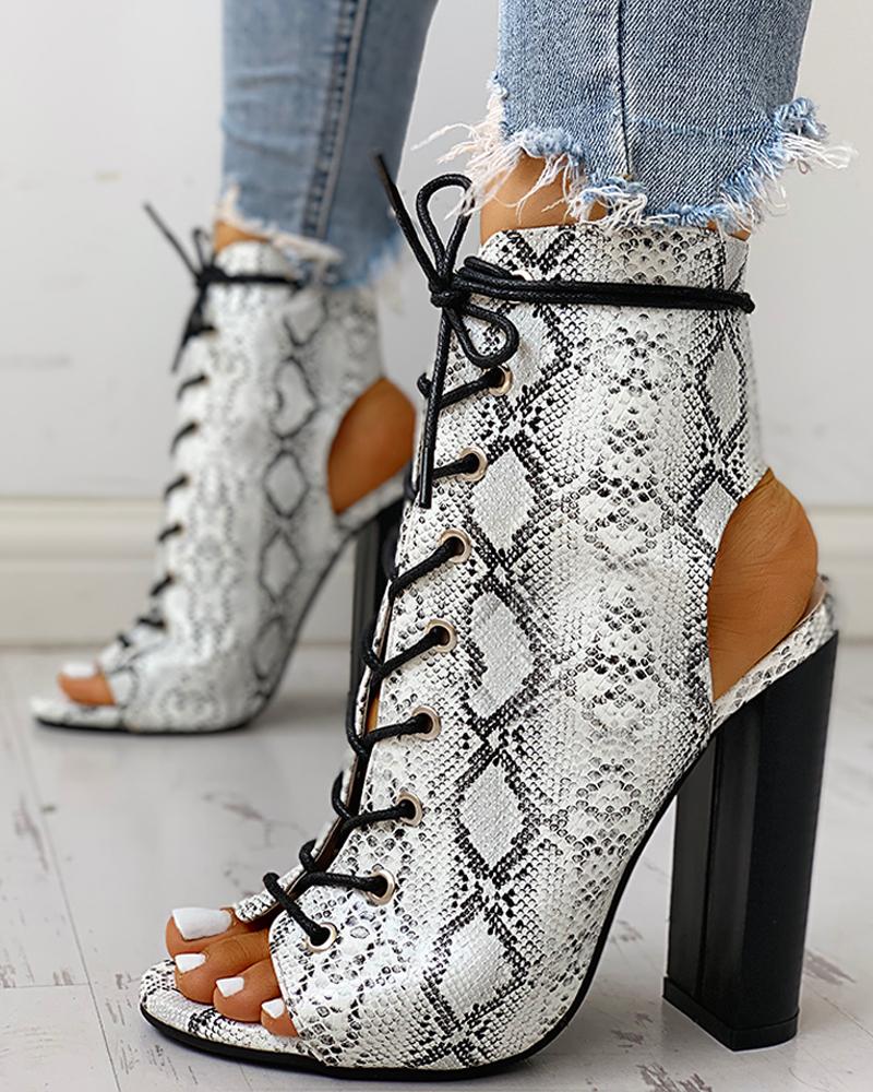 

Peep Toe Bandage Crisscross Chunky Heeled Boots, Snakeskin