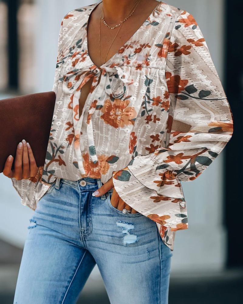 

Bell Sleeve Floral Print Tie Front Top, Apricot