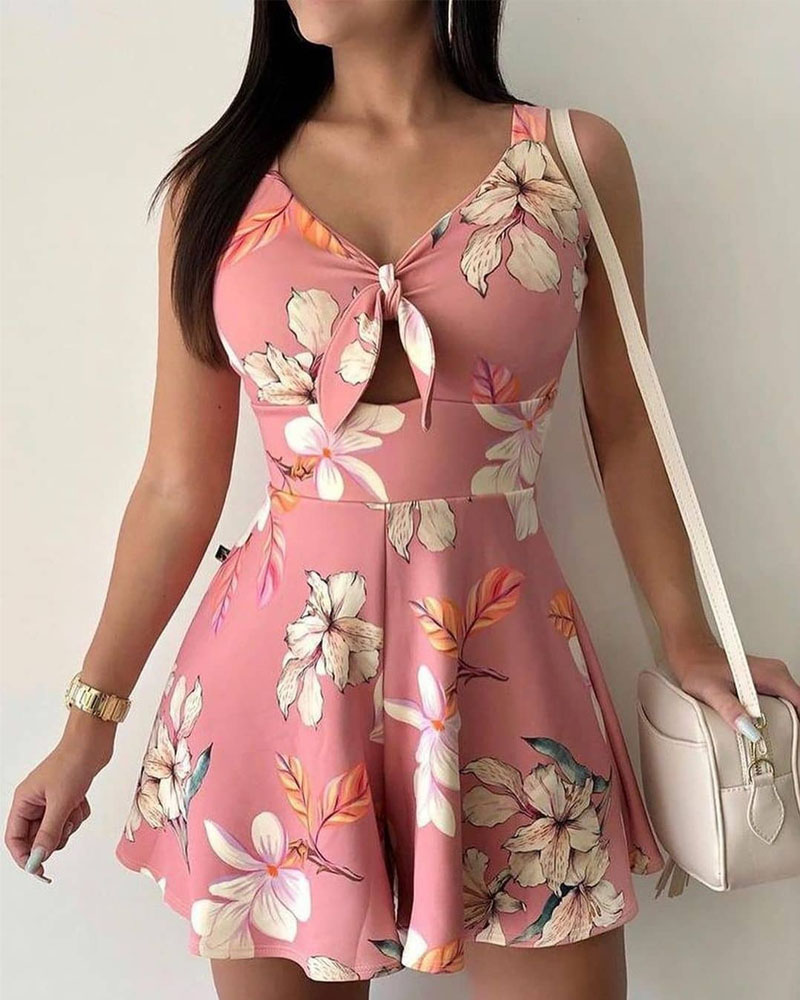 

Floral Print Knot Front V-Neck Romper, Style1