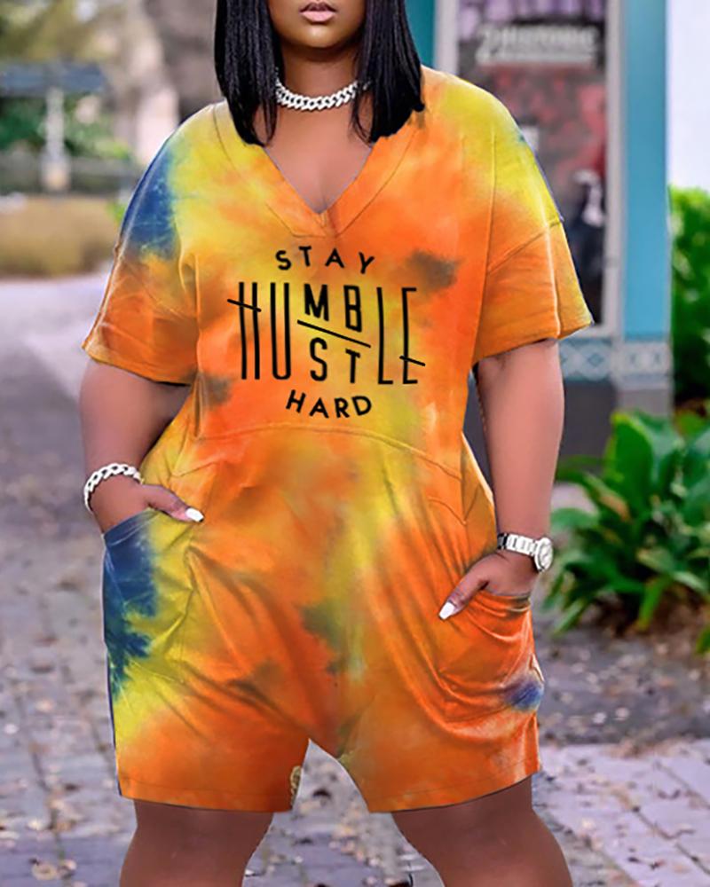

Tie Dye Letter Print Pocket Design Short Sleeve Romper, Multicolor
