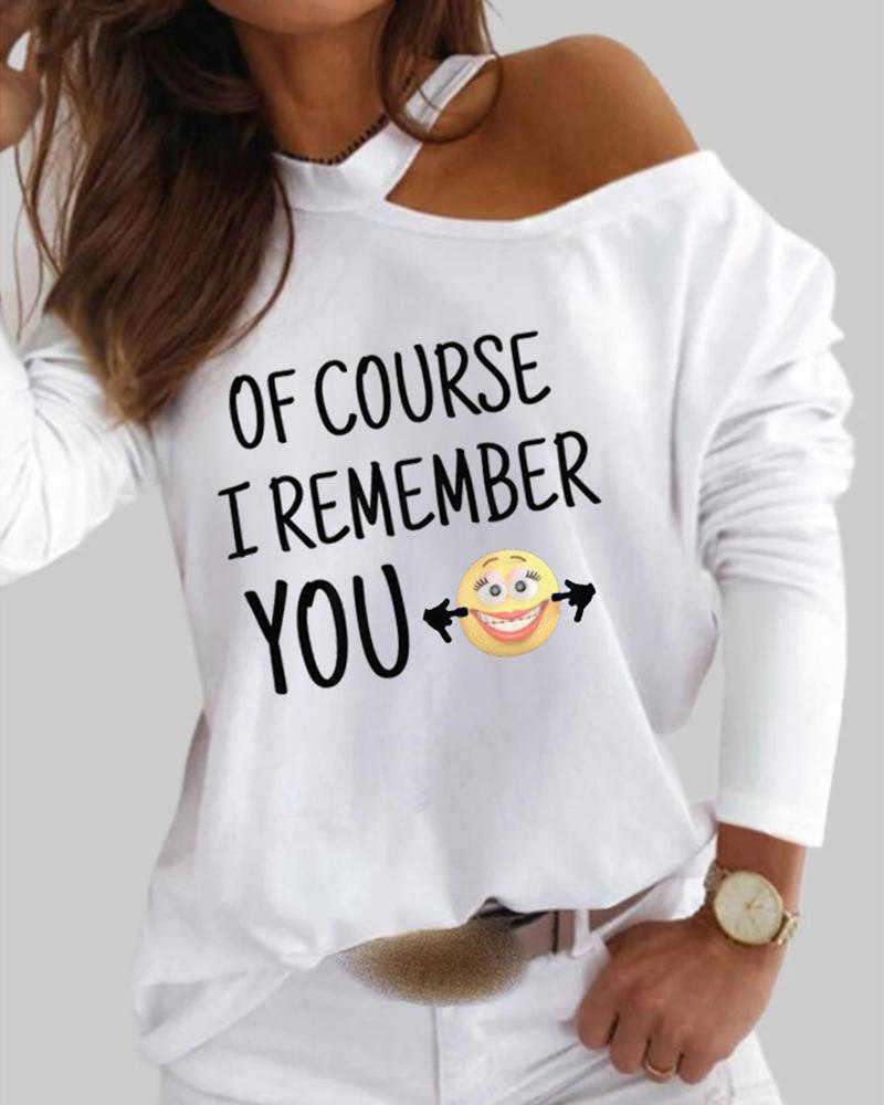 

Letter Print Cold Shoulder Long Sleeve Top, White