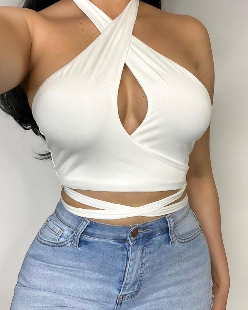 

Halter Cutout Front Tied Detail Bandage Top, White
