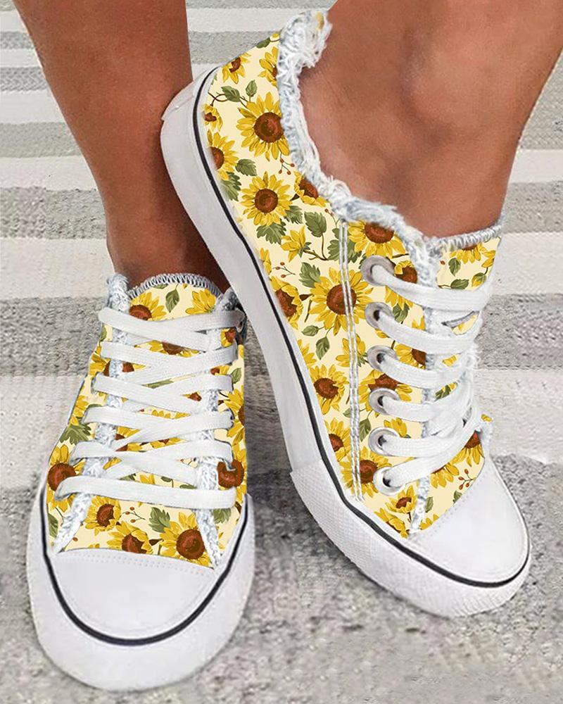 

Oil Painting Sunflower Print Raw Hem Lace-up Sneakers, Yellow