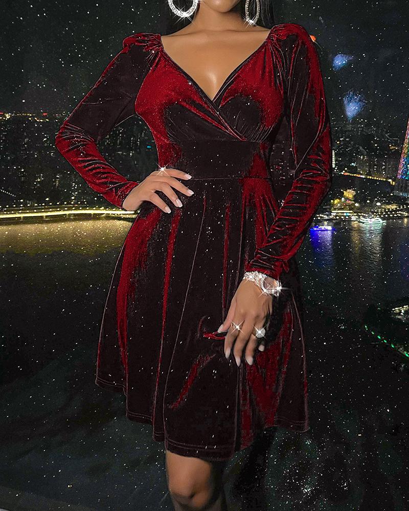 

V-Neck Velvet Long Sleeve Party Dress, Wine red
