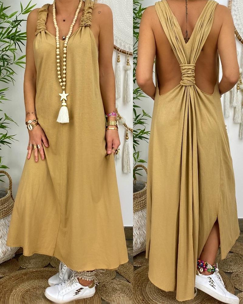 

Backless Ruched Asymmetrical Slit Maxi Dress, Khaki