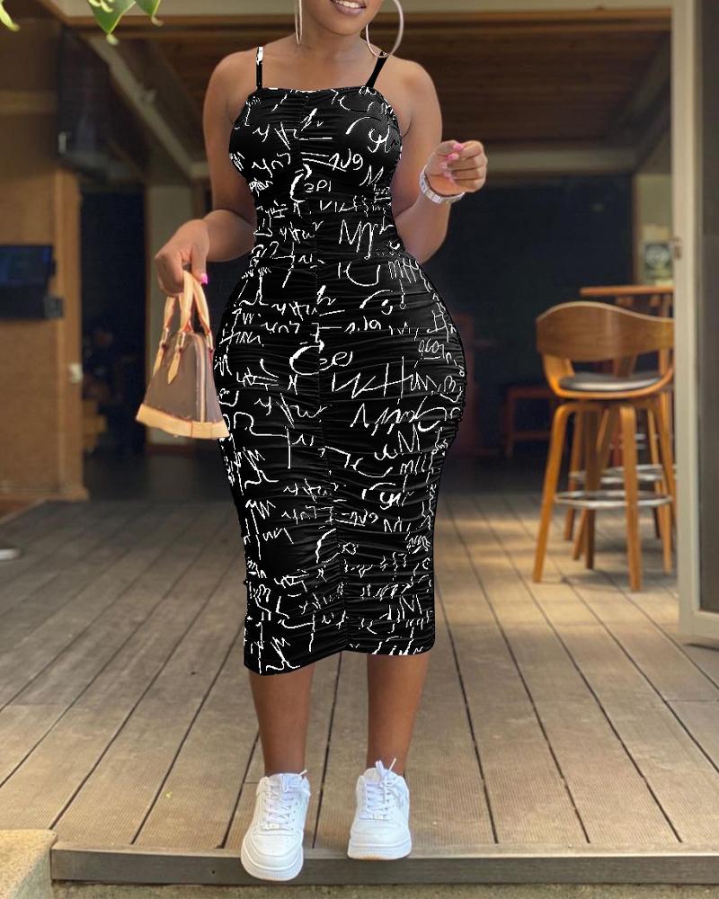 

Letter Print Ruched Bodycon Dress, Black