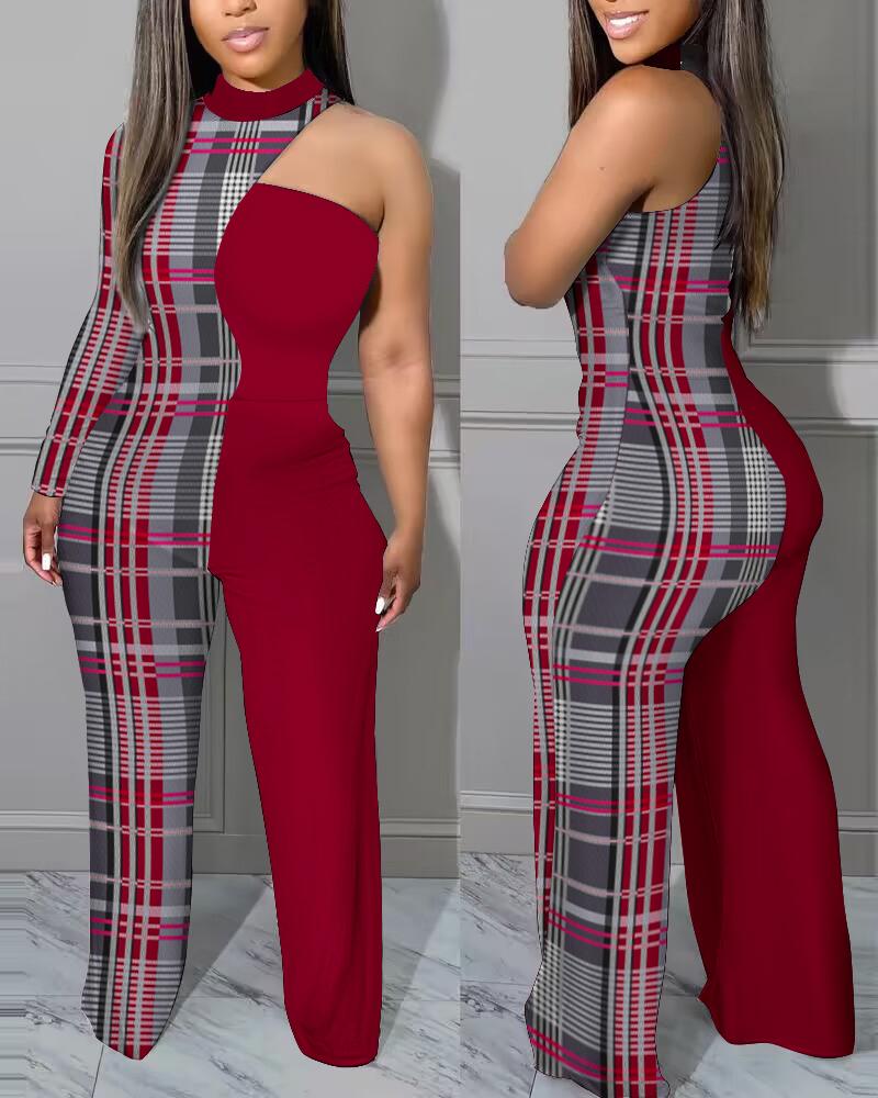 

Plaid Print One Shoulder Long Sleeve Jumpsuit, Red