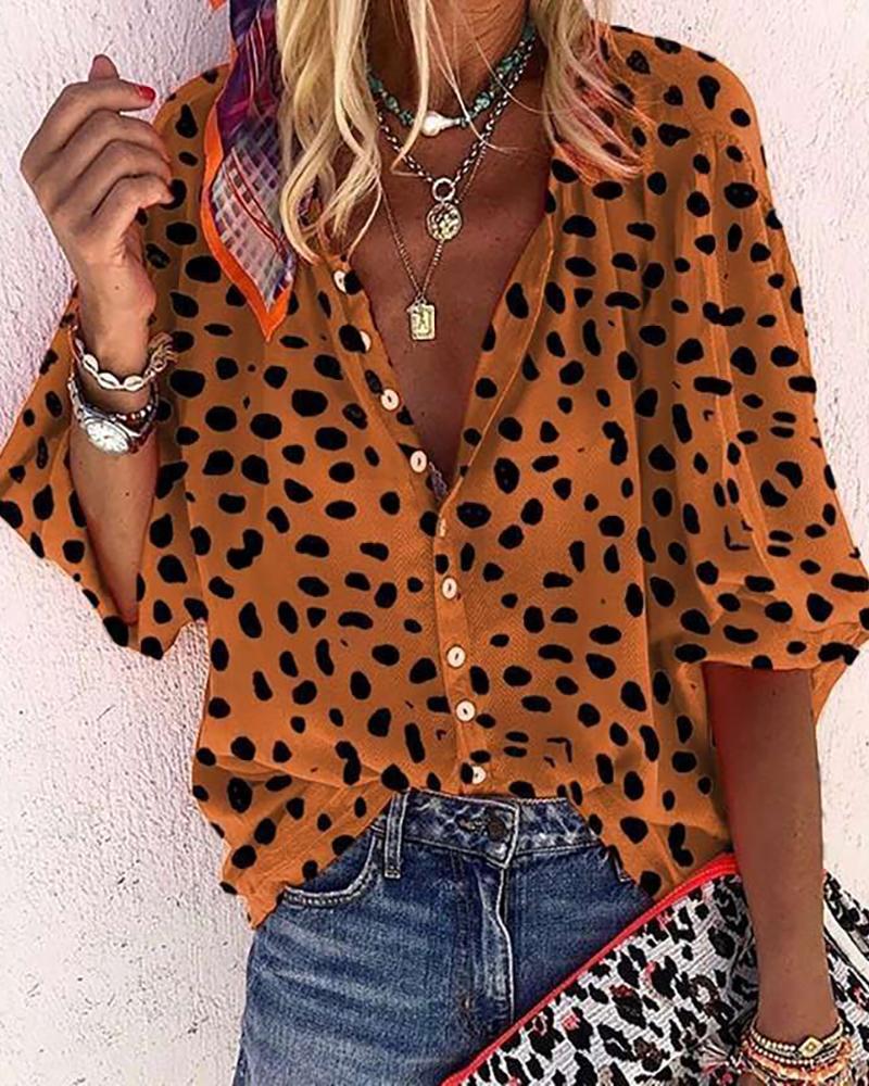 

V Neck All Over Print Button Design Top, Brown