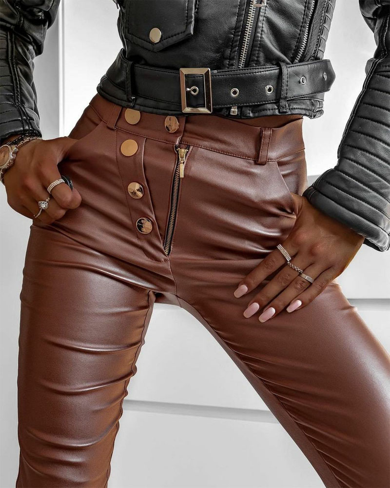 

Zipper Fly Button Decor Skinny PU Leather Pants, Brown