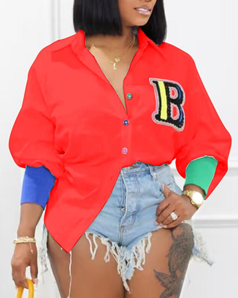 

Letter Pattern Long Sleeve Shirt, Red