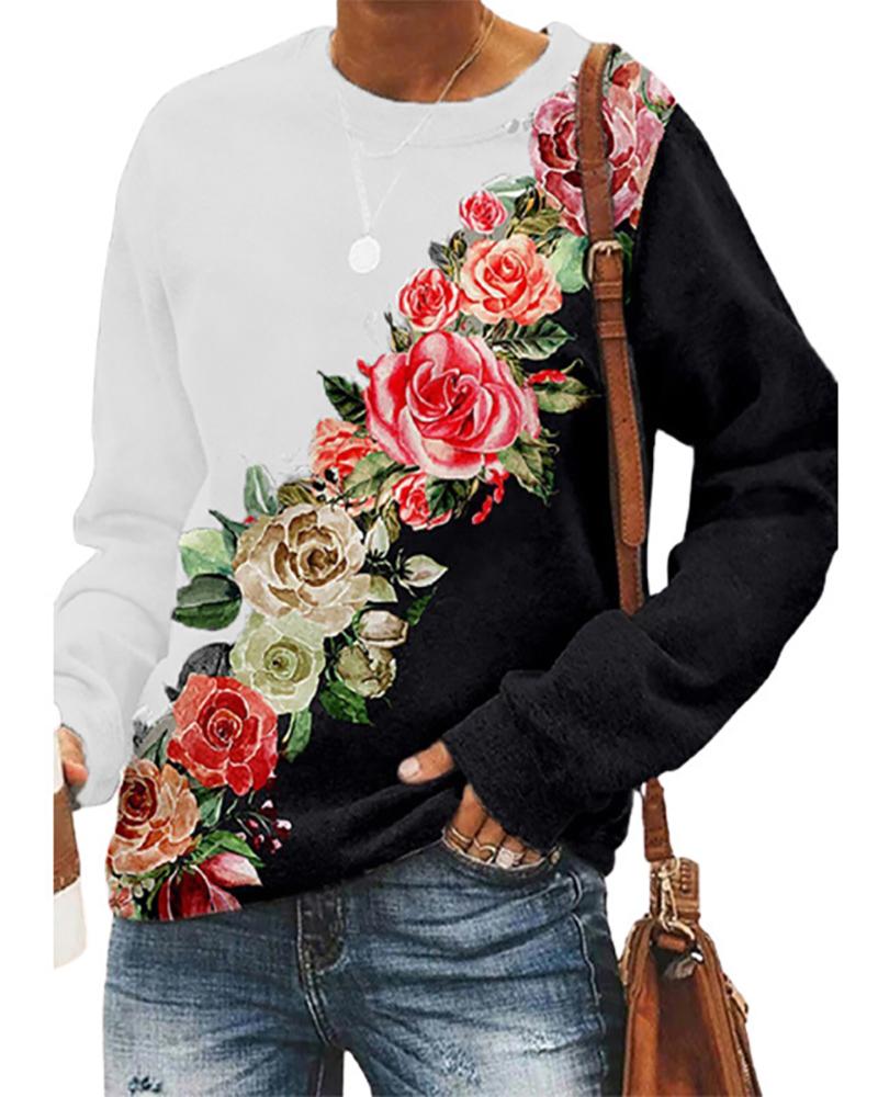 

Floral Print Colorblock Long Sleeve Top, White