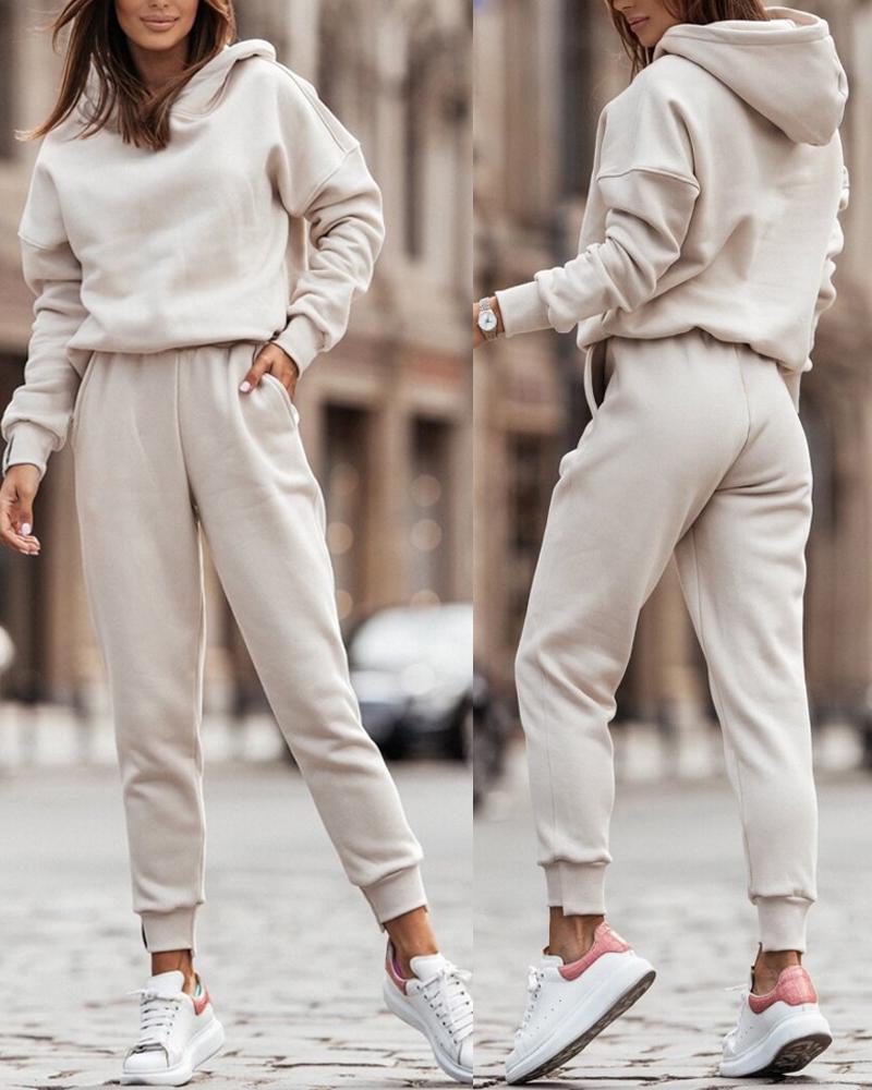 

Long Sleeve Hooded Sweatshirt & Cuffed Sweatpants Set, Apricot