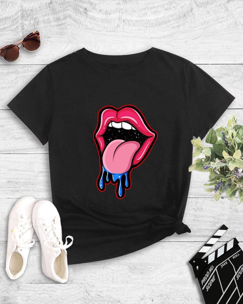 

Lips Print Short Sleeve T-shirt, Black