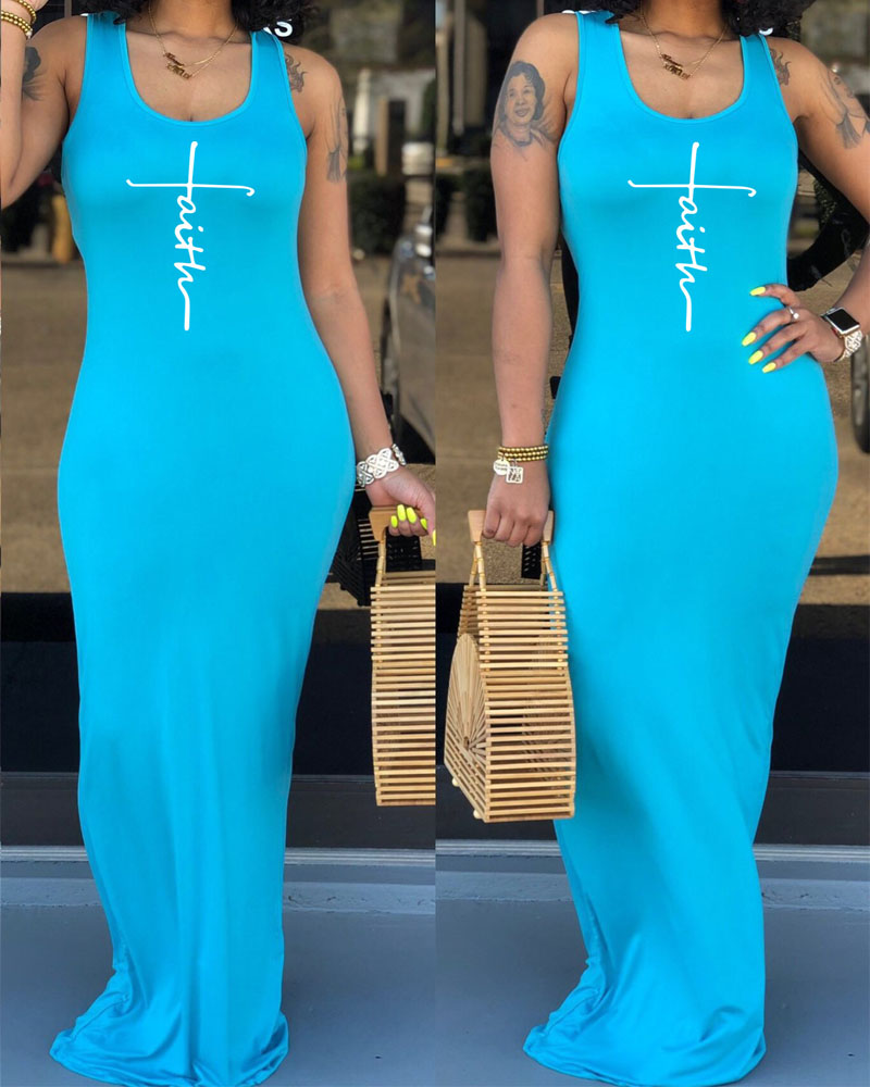 

Letter Print U-Neck Casual Tank Dress, Lighted blue