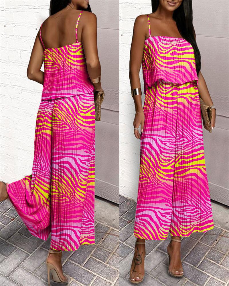 

Zebra Stripe Print Ruffle Hem Pleated Wide Leg Jumpsuit, Pink