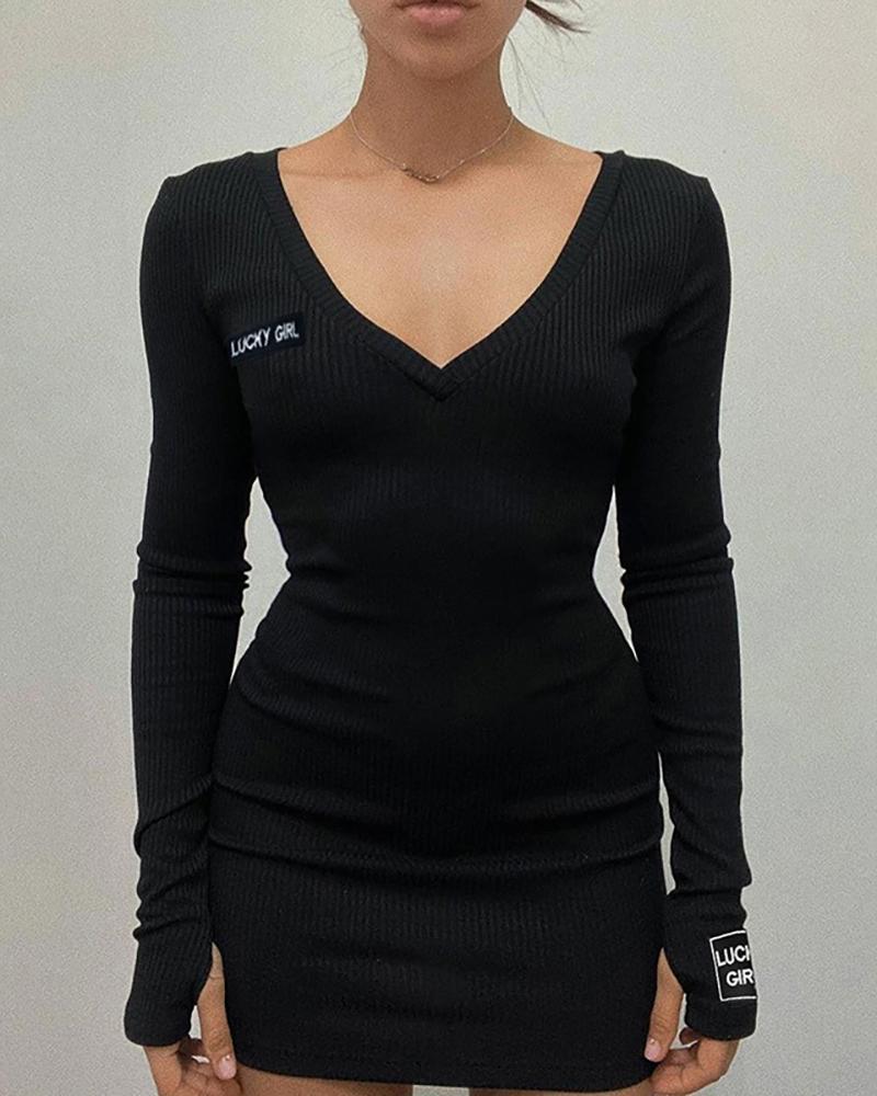

Letter Print Long Sleeve Ribbed Women Dress, Black