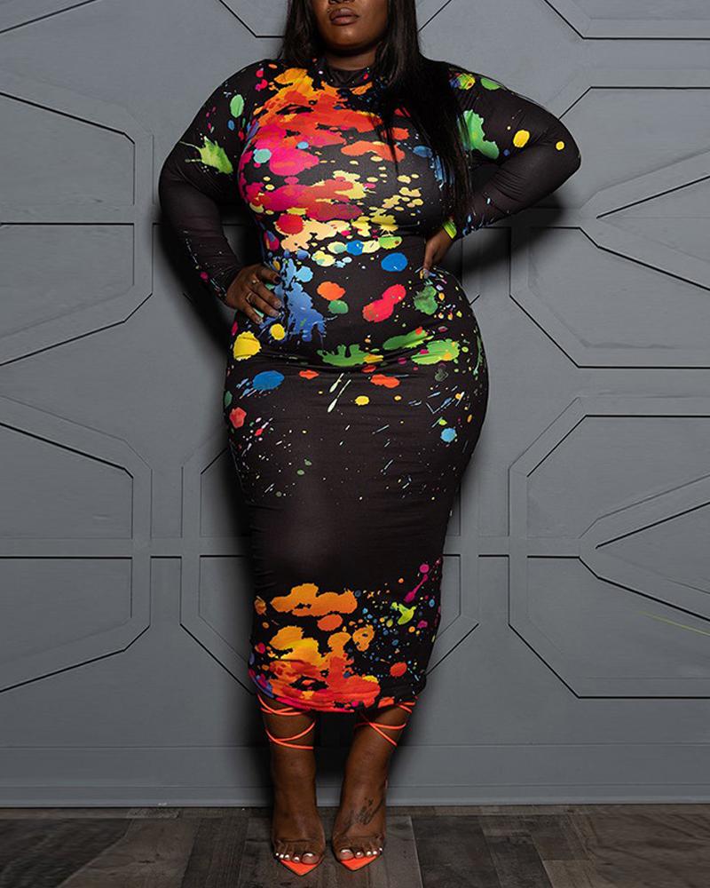

Plus Size Ink Splash Print Long Sleeve Bodycon Dress, Black