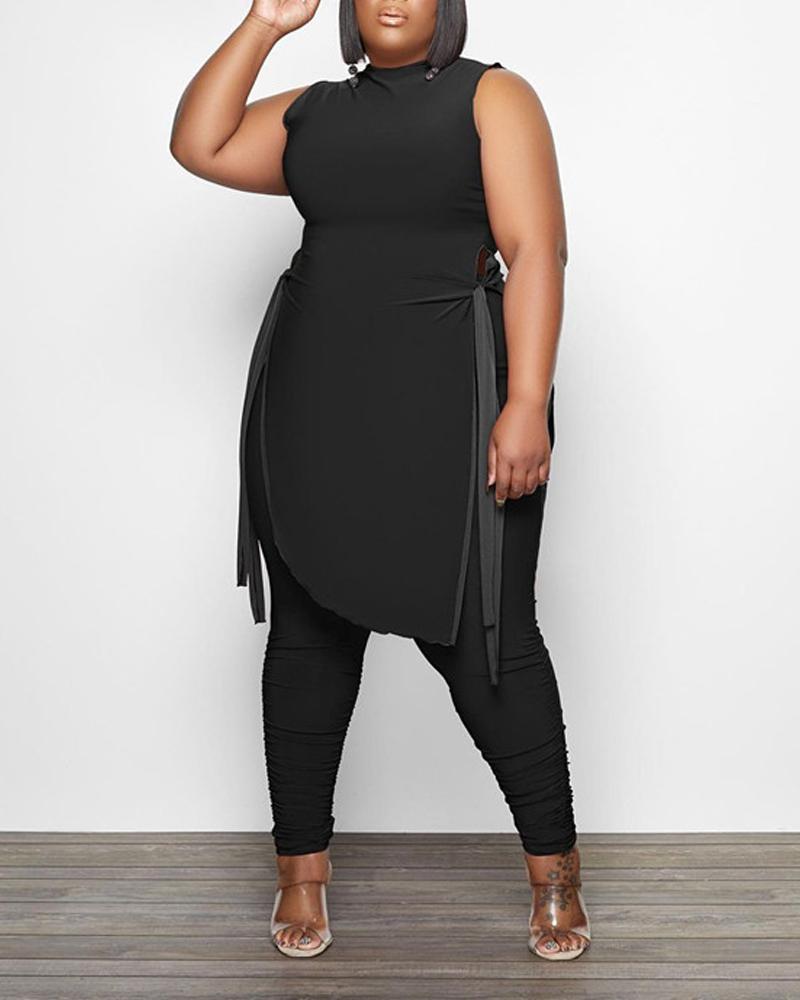 

Plus Size Tied Detail Asymmetrical Top & Ruched Pants Set, Black