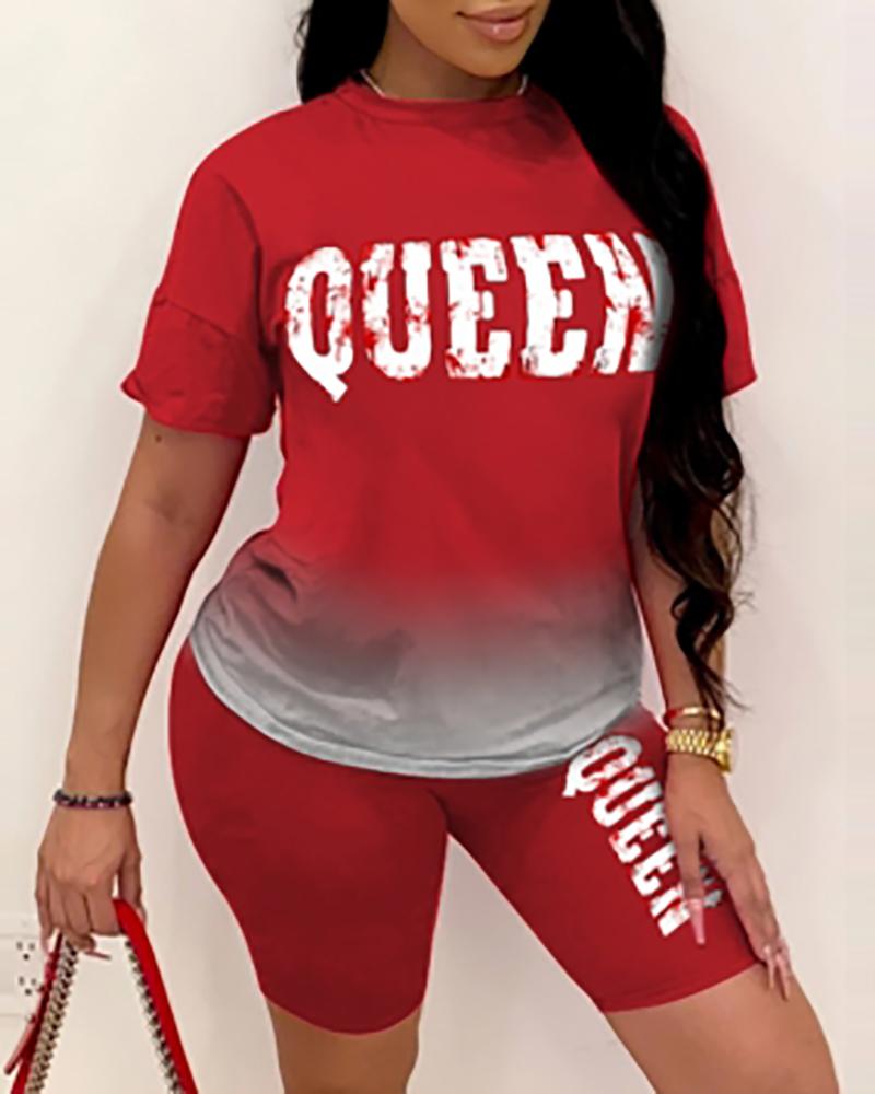 

Ombre Colorblock Letter Print Top & Shorts Set, Red