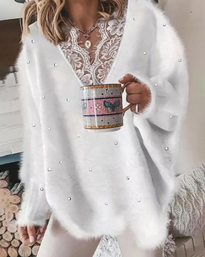 

Lantern Sleeve Eyelash Crochet Lace Patch Beaned Sweater, White