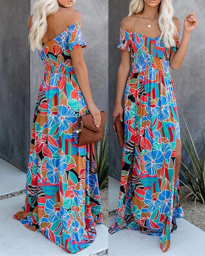 

Off Shoulder Floral Print High Slit Maxi Dress, Multicolor