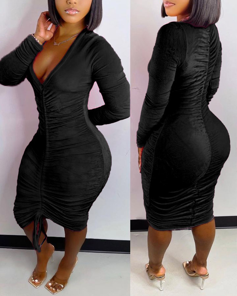 

Velvet Long Sleeve Drawstring Ruched Bodycon Dress, Black