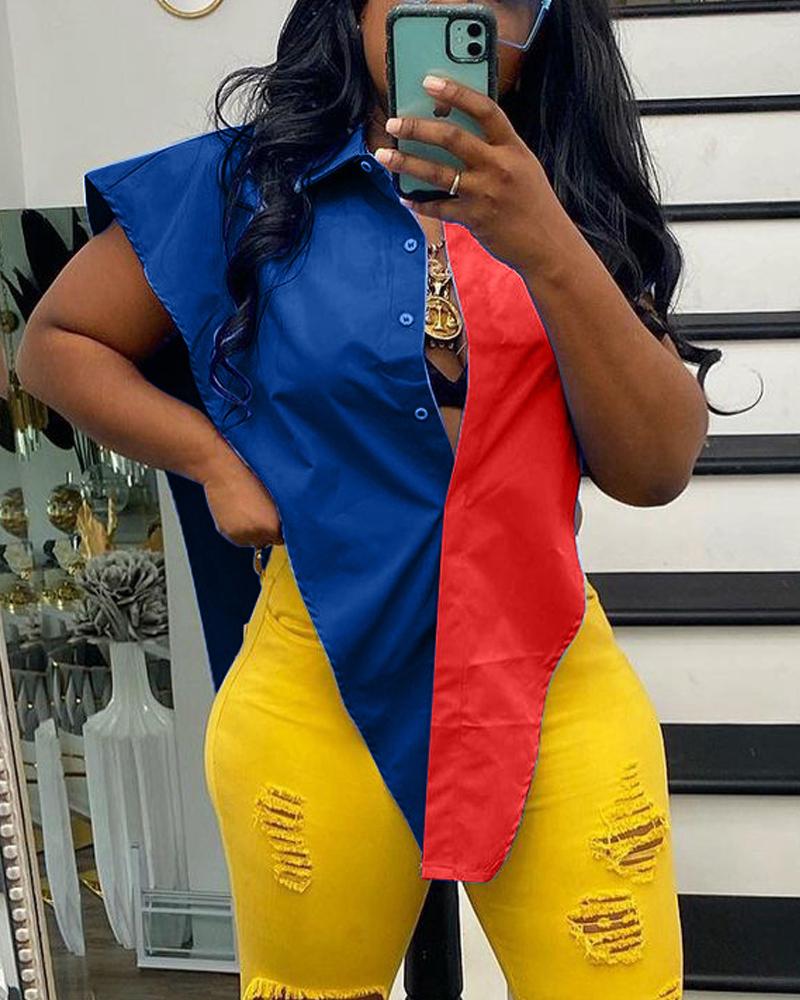 

Colorblock Button Front Hanky Hem Shirt, Blue