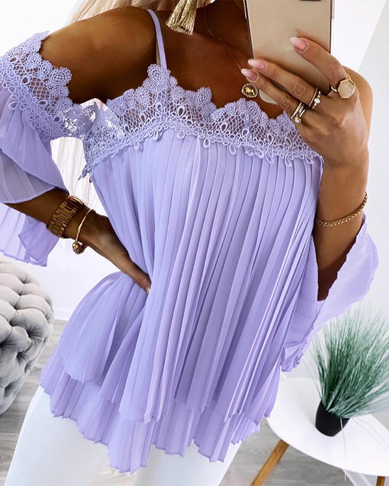 

Contrast Lace Ruched Cold Shoulder Chiffon Top, Purple