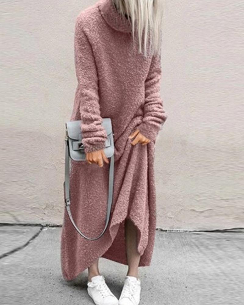 

High Neck Fluffy Long Sleeve Dress, Pink