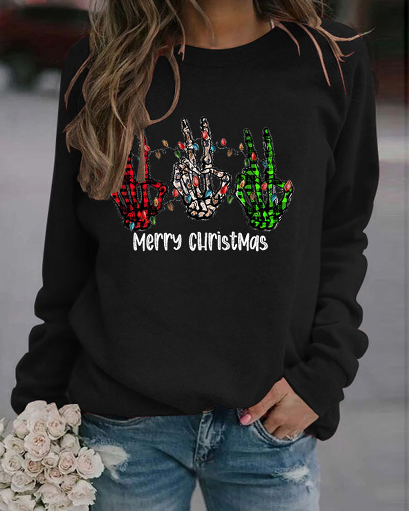 

Christmas Letter Finger Print Long Sleeve Top, Black