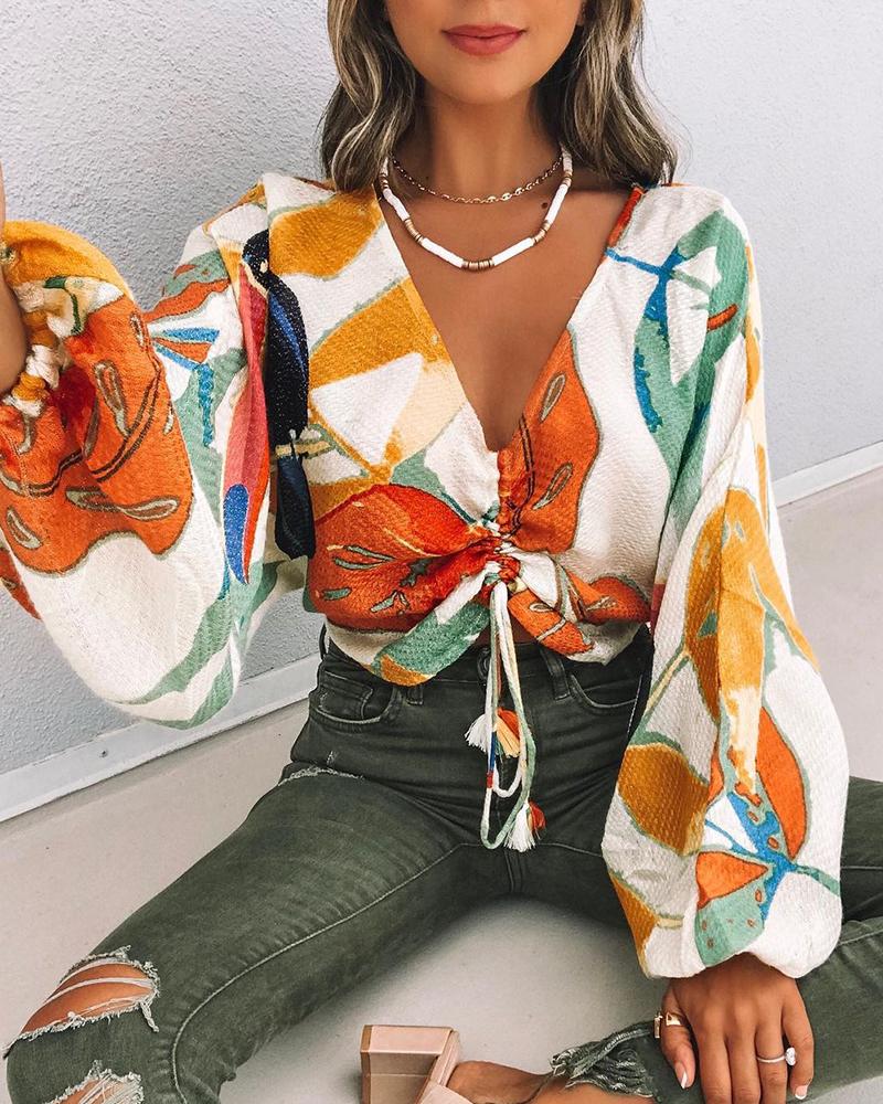 

Graphic Lantern Sleeve Drawstring Top, Orange