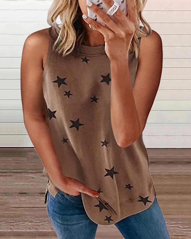 

Star Print Round Neck Casual Tank Top, Brown