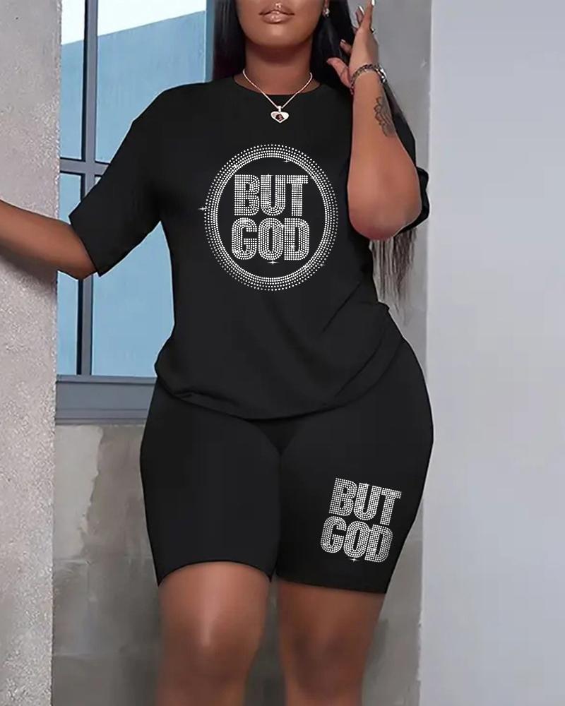 

Plus Size Rhinestone But God Pattern Top & Shorts Set, Black