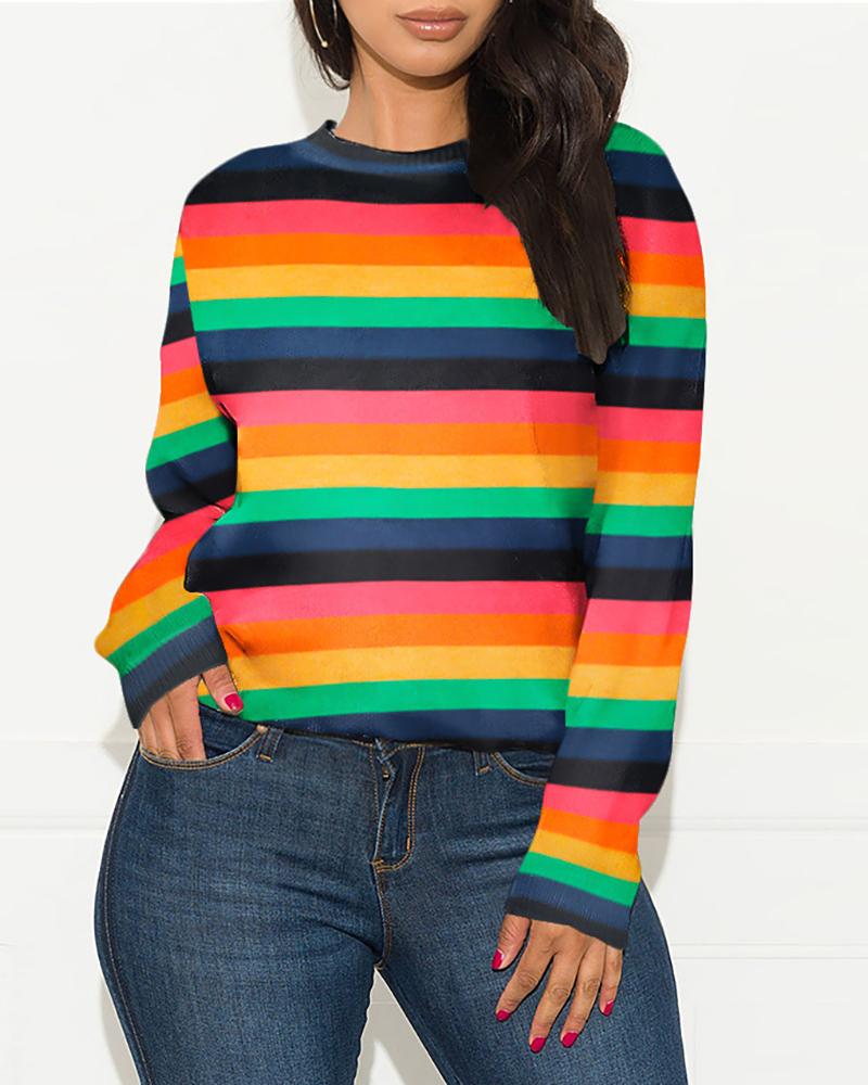 

Rainbow Striped Long Sleeve Casual Sweater, Multicolor