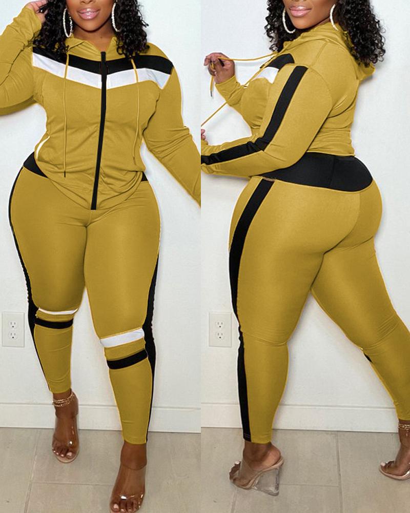 

Contrast Paneled Zip Up Hooded Top & Pants Set, Yellow