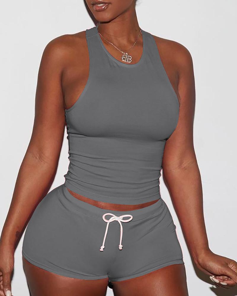 

Sexy Solid Color Sporty Vest Shorts Set, Dark grey